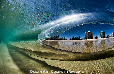 Through a breaking wave on the Gold Coast Australia. Best in show awarding winning photo by Ray Collins.
