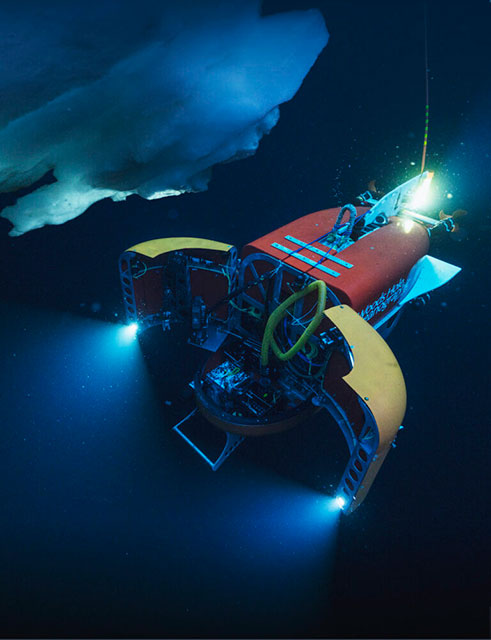 Nereid Under Ice (NUI) with its instrument bay doors open and ready to collect samples during a 2019 expedition in the Arctic Ocean. The UT Austin-led mission will rely on the vehicle’s ability to operate in the difficult conditions presented by the underwater environment Greenland’s large glaciers. Credit: Luis Lamar, courtesy of the Avatar Alliance Foundation.